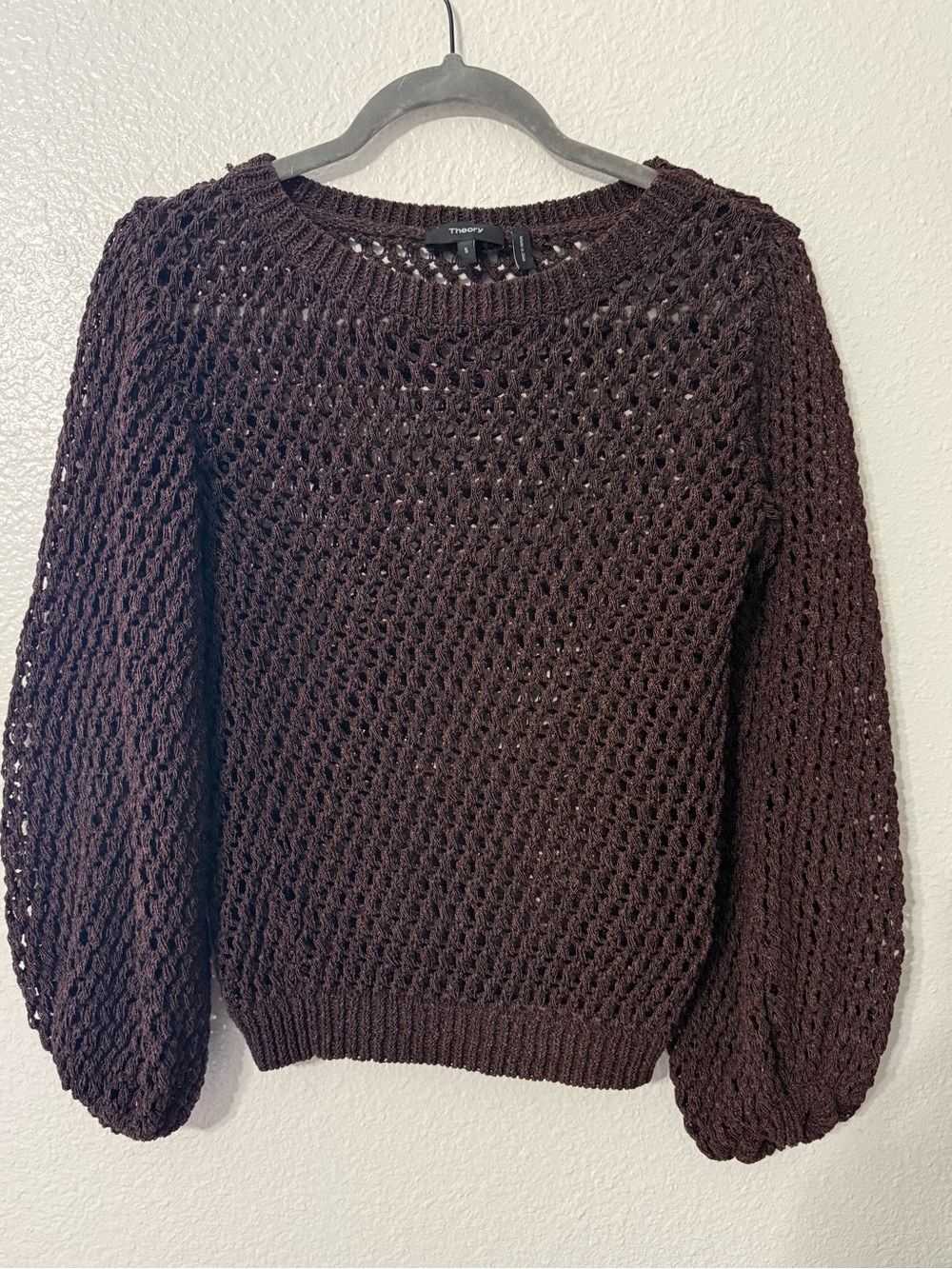 Theory Open Knit Cotton Sweater Brown Size Small